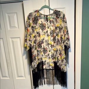 Design Lab Lord & Taylor Cream Floral Fringe Kimono with Black Fringe
